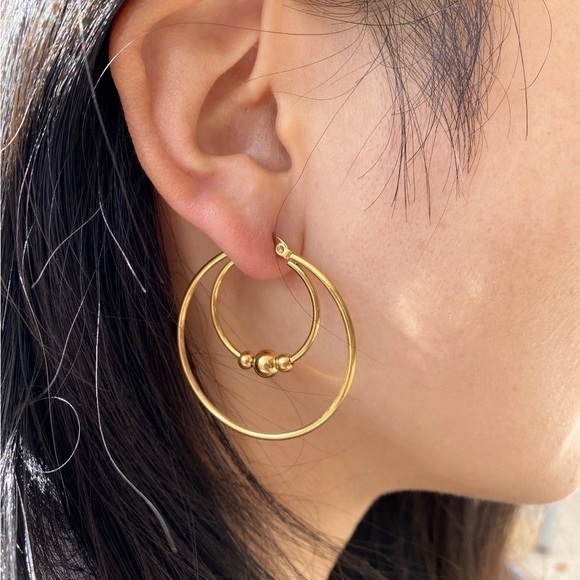 3 For $35 14K Gold Beaded Double Hoop Earrings - Picture 2 of 4